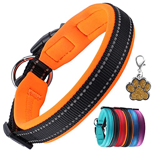 PcEoTllar Padded Dog Collar with Tag Reflective Adjustable Dogs Collars Soft Nylon Neoprene Super Light Breathable for Small Medium Large Dogs - Orange M