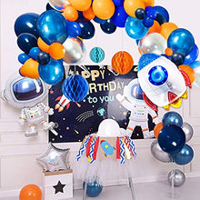Load image into Gallery viewer, 92pcs Outer Space Balloon Arch Garland Kit, Blue Silver Orange Balloons and Astronaut Rocket Balloons Honeycomb Balls for Kids Birthday Party Decorations
