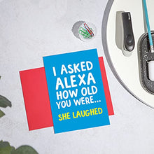 Load image into Gallery viewer, Funny Alexa Birthday Card for her - Alexa How Old am I? She just Laughed - Joke Birthday Card for him - Perfect Friend Birthday Cards - Lockdown Birthday Card - A5 Size (21 cm by 14.8 cm)
