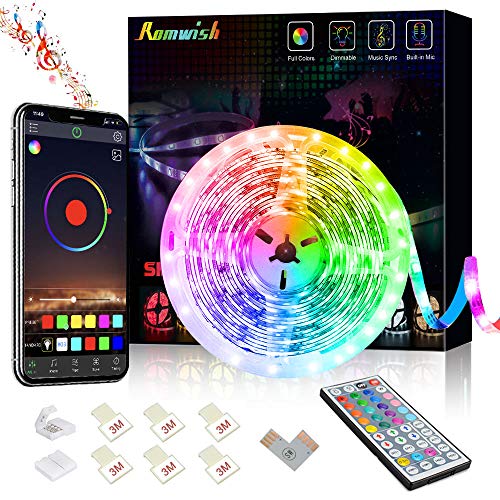 LED Strip Light 5M,Romwish 16.4FT RGB SMD 5050 Bluetooth Music Sync Smart Color Changing Rope Lights, 44 Keys Remote Control, Timing Function,with for Kitchen, Bedroom, TV, Party