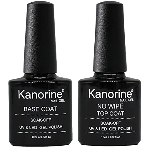 Kanorine UV LED Soak Off Gel Nail Polish Top Coat and Base Coat Set of 2 x 10ml Each(Base & No Wipe Top Coat)
