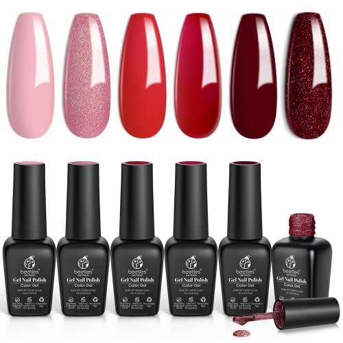 Beetles Zodiac Collection Gel Nail Polish Kit, Aries - Reborn Sun Collection 6Pcs Gel Polish French Pink Shimmer Transparent Jelly Red Glitter Color Spring Summer Nail Art Gift for Girl Women DIY Home