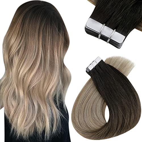 Easyouth Human Hair Tape in Hair Extensions Black to Brown and Medium Blonde Balayage Tape in Extensions 16 Inch 40g 20Pcs Glue on Hair