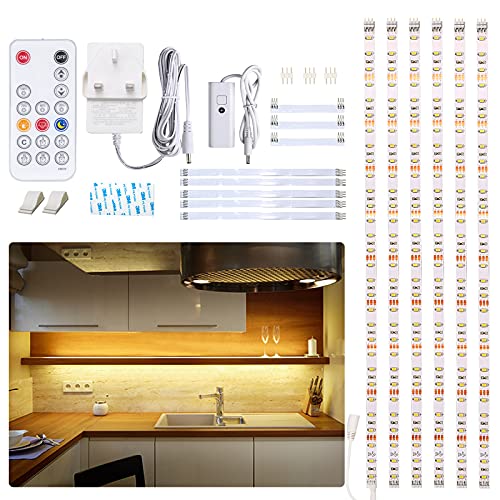 WOBANE Under Cabinet LED lighting kit, 6 PCS LED Strip lights with Remote Control Dimmer and Adapter, Dimmable for Kitchen Cabinet,Counter,Shelf,TV Back,Showcase 2700K Warm White, Bright, Timing 9.8ft