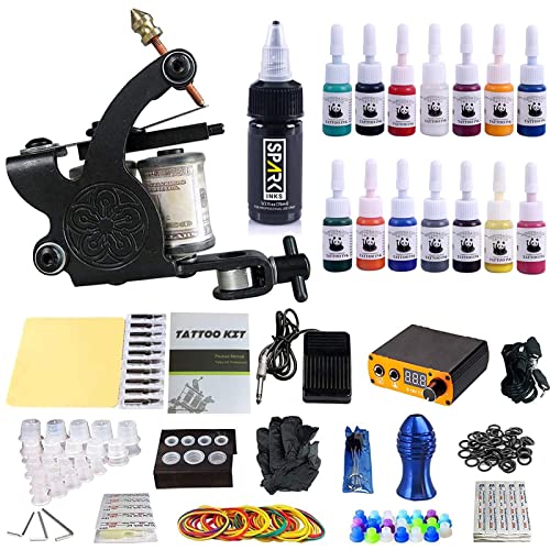 Tattoo Complete Starter Tattoo Kit 1 Pro Machine Guns 14 Inks Power Supply tattoo kits for beginners Foot Pedal Needles Grips Tips ANDNICE