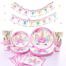 Load image into Gallery viewer, Himeland 129 Pcs Unicorn Birthday Decorations for Girls, Pink Unicorn Party Supplies and Plates for Birthday, Disposable Tableware Kit Serves 16 (Plates Cups Napkins Tablecloth Paper Banner)

