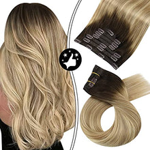 Load image into Gallery viewer, Moresoo Clip in Balayage Hair Extensions Full Head 100% Human Hair Straight Clip on Hair Extensions Brown to Light Brown with Golden Blonde Hair Extensions Clip in 18Inch 120g/7pcs
