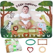 Load image into Gallery viewer, Baby Milestone Blanket | Monthly Photo Mat for Boy or Girl, Unisex | Safari &amp; Jungle Theme | Personalised Baby Shower Present for New Mums | Age Mat | Soft &amp; Comfortable | Includes Coloured Frames
