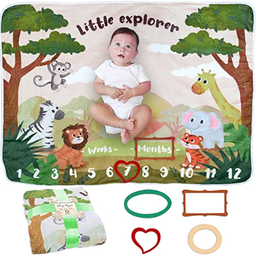 Baby Milestone Blanket | Monthly Photo Mat for Boy or Girl, Unisex | Safari & Jungle Theme | Personalised Baby Shower Present for New Mums | Age Mat | Soft & Comfortable | Includes Coloured Frames
