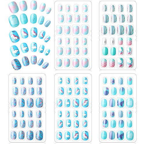120 Pieces Kids Press on Nails Children Fake Nails Artificial Nail Tips Girls Full Cover Short False Fingernails for Girls Kids Nail Art Decoration (Blue Color)