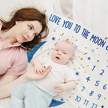 Load image into Gallery viewer, Taobeibei Milestone Mat Boy/Girl for Pictures, Baby Monthly Milestone Blanket design by UK, Track Growth &amp; Age, Soft Thick Flannel Blanket 120x120cm 300 Gram weight (Blue Moon)…
