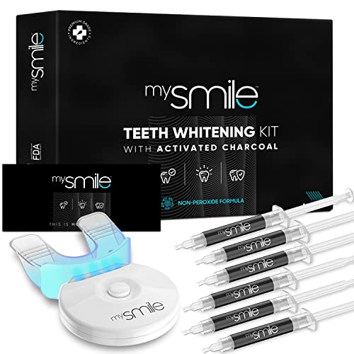 mysmile Activated Charcoal Teeth Whitening Kit - 6X Teeth Whitening Gel, LED Teeth Light & Gum Tray Mould - Safe & Easy Home Tooth Whitening - Natural Teeth Whitening Gel - Instant Stain Remover
