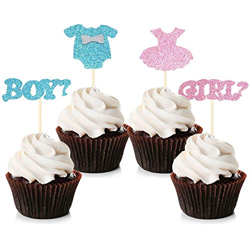 Unimall 24Pcs Boy or Girl Cupcake Toppers Glitter Onesie Jumpsuit Cupcake Picks Baby Shower Cake Toppers Kids Birthday Gender Reveal Party Cake Decorations Supplies