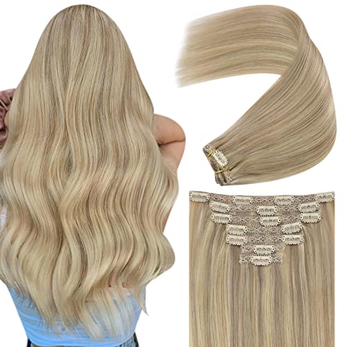 YoungSee Blonde Hair Extensions Clip in Human Hair 20 Inch Clip in Hair Extensions Real Human Hair Ash Blonde Highlight Blonde with Golden Blonde Clip in Human Hair Extensions 7pcs 100g