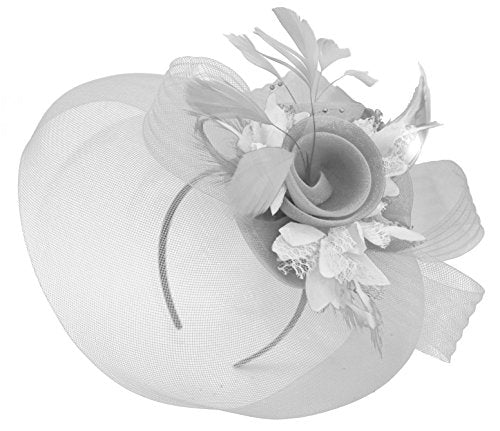 Feather Flower Fascinator Hat Veil Net Headband Clip Ascot Derby Races Wedding (Silver and White)