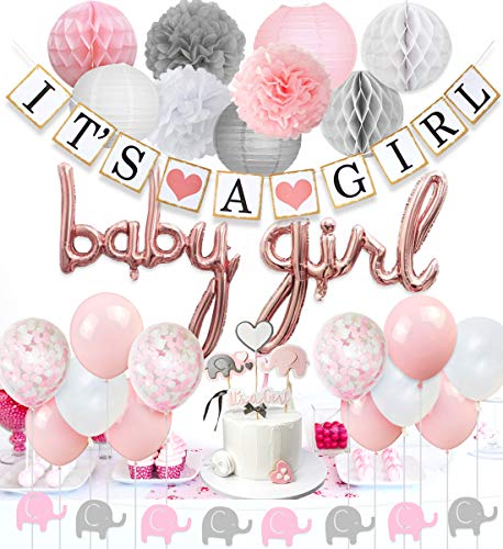 JOYMEMO Baby Shower Decorations for Girls Pink and White, Baby Girl Balloons, Elephant Garland, Confetti Balloons, Elephant Cake Topper for Baby Shower Supplies