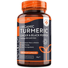Load image into Gallery viewer, Organic Turmeric 1440mg (High Strength) with Black Pepper &amp; Ginger - 180 Vegan Turmeric Capsules (3 Month Supply) – Organic Turmeric with Active Ingredient Curcumin - Made in The UK by Nutravita
