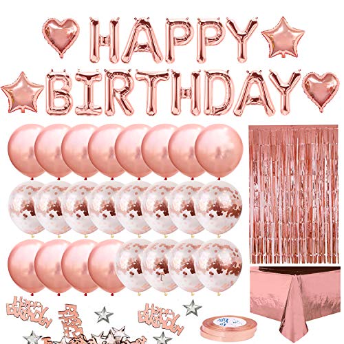 iZoeL Rose Gold Birthday Party Decoration for Girls Women Happy Birthday Banner, Rose Gold Fringe Curtain Foil Tablecloth, Heart Star Confetti Balloons and 10g Table Confetti