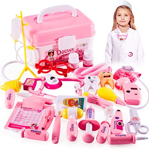 HERSITY Kids Doctors Kit Toy Medical Playset Nurses Costume Role Play Dentist Set with Carry Case Gifts for 3 4 5 6 Years Old Girls