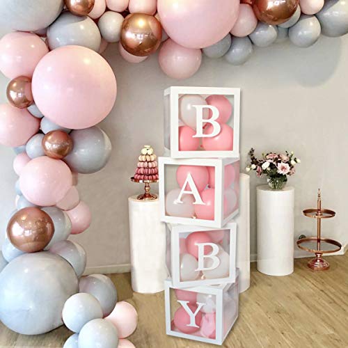 Wayfun Baby Shower Decorations Box Kit - 4Pcs White Transparent Square Baby Shower Boxes including BABY Letters for Girl Boy for Theme Party Supplies Decoration/Birthday/Baby Shower
