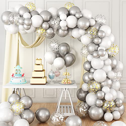 Paready Balloon Arch Garland Kit, White Gold Silver Birthday Party Decoration, White Silver Latex Balloons and Gold Silver Confetti Balloons Set for Birthday Wedding Christmas New Year Baby Shower