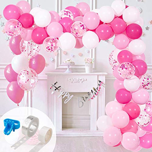 Whaline Balloon Arch & Garland Kit, Pink Hotpink White Latex Balloons & Confetti Balloons Set with 16ft Balloon Strip Tape,1pcs Tying Tool, 100 Glue Points for Wedding Birthday Baby Shower Party Decor