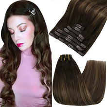Load image into Gallery viewer, Fshine Clip in Hair Extensions Balayage Real Human Hair 50cm 7 Pcs Straight Clip in Color 2 Dark Brown to Chestnut Brown Extensions Human Hair 120 Gram Human Clip in Hair Extensions 20-Inch

