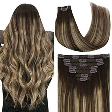 Load image into Gallery viewer, YoungSee Hair Extensions Clip in Human Hair Dark Brown 20 Inch Clip in Hair Extensions Human Hair Balayage Dark Brown with Caramel Blonde Clip in Natural Hair Extensions 7 Pieces 100g
