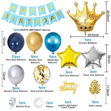 Load image into Gallery viewer, Blue Gold Balloons Arch Garland Kit, Blue Gold Birthday Decorations Navy Blue Balloons HAPPY BIRTHDAY Banner Metallic Blue Gold Silver Balloons Gold Confetti Balloons Crown Star Balloons
