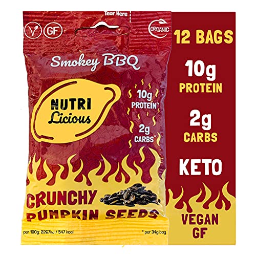 Nutrilicious Smokey BBQ Pumpkin Seeds - Keto & Low Carb, Vegan, Gluten Free, High Protein, High Fibre, Nut Free, Healthy Snacks - 100% Organic (12 x 34g)