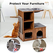 Load image into Gallery viewer, COSTWAY Cat House, Kitten Activity Centre with Sisal-Covered Scratching Mat, Condo &amp; Basket Lounger, Wooden Cats Furniture Climbing Tower, 69 x 39 x 81cm
