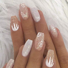 Load image into Gallery viewer, Brishow Coffin False Nails Short Fake Nails Snow Glitter Press on Nails Ballerina Acrylic Stick on Nails 24pcs for Women and Girls
