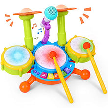 Load image into Gallery viewer, Kids Drum Set, Rabing Electric Musical Instruments Toys with 2 Drum Sticks, Beats Flash Light and Adjustable Microphone, Early Learning Birthday Gift for 3+ Years Old Boys and Girls, Multicolor
