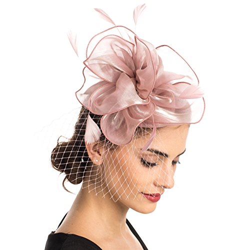 Fascinator Hat Feather Mesh Net Veil Party Hat Flower Derby Hat with Clip and Hairband for Women, Mittel, A2-Floral Mesh Pink