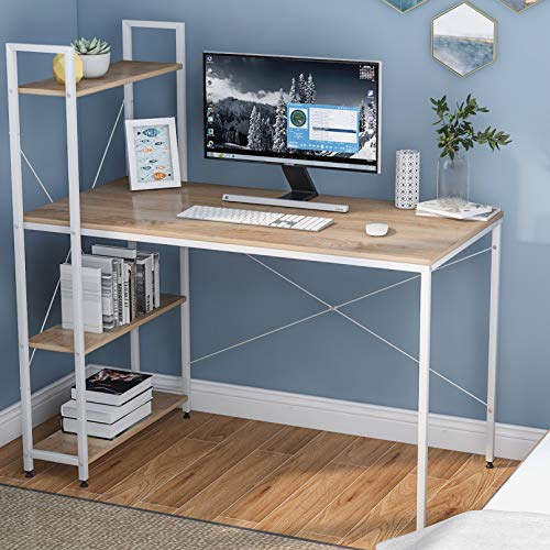 Life Carver Study PC Table Computer Desk with 4 Tier Storage Shelves, Study Table with Bookshelf for Home Office Furniture Study Workstation Table Laptop Table Desk Desktop Table Walnut Coffee (White)