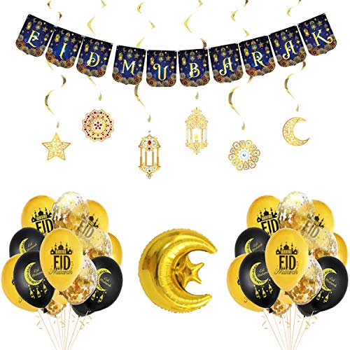 delaimaxiya Eid Mubarak Decoration - Ramadan Party Decorations Supplies - Eid Mubarak Banner Hanging Swirl Latex Balloon