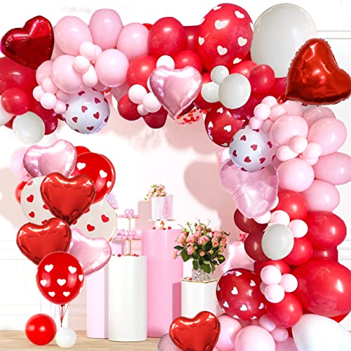 Mothers Day Balloons Arch Garland Kit Include Red Pink White Balloons,Heart Printed Balloons , Foil Mylar Heart Balloons, Valentines Wedding Party Decoration Supplies