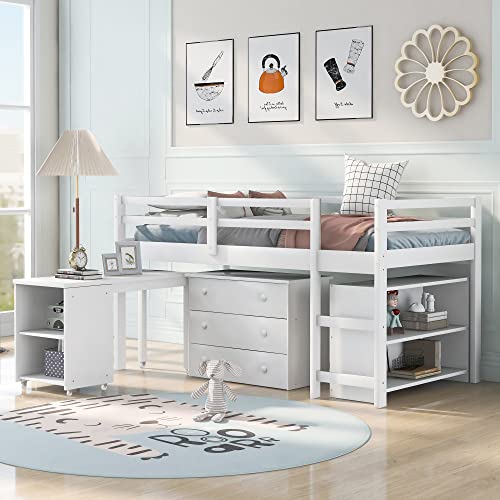 3FT Pine Wood Frame, Multiple Functions Children Bed with Three Drawers/Desk/Storage Shelves Loft Bed with Metal Accessories, MDF Boards, 190x90cm, 2021 New【UK in Stock】 (White)
