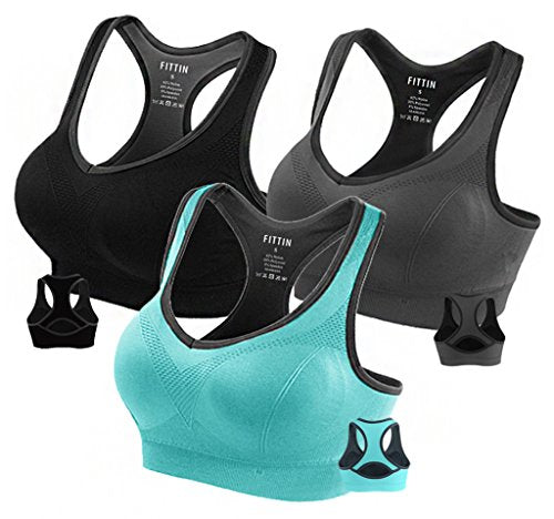 FITTIN Racerback Sports Bras Pack of 3 Padded Seamless Med Impact Support for Yoga Gym Workout Fitness L