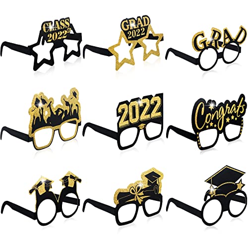 36 Pieces Graduation Eyeglasses Decoration, Glitter Gold and Black Class of 2022 Photo Booth Props Frame Fancy Paper Eyeglasses for Congrats Grad Party Favors Supplies, 9 Styles