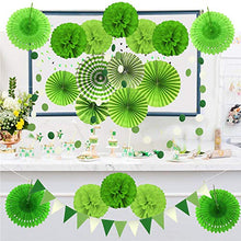 Load image into Gallery viewer, Zerodeco Party Decoration, 21 Pcs Green Hanging Paper Fans, Pom Poms Flowers, Garlands String Polka Dot and Triangle Bunting Flags for Golf Party Dinosaur Birthday Parties Arbor Day
