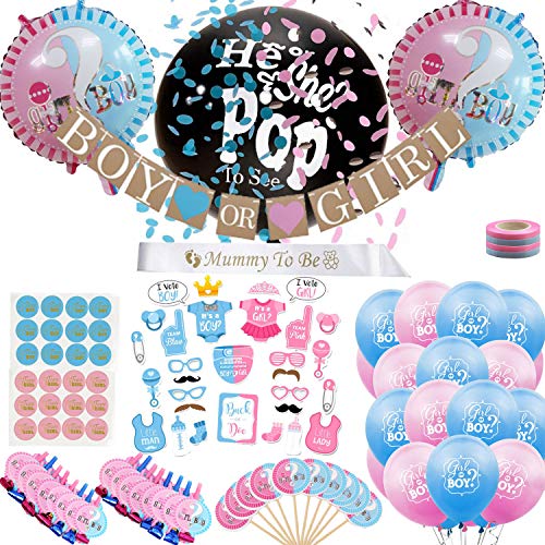 Yingzhou 117PCS Baby Reveal Party Supplies with Baby Boy or Girl Gender Reveal Balloon,Boy or Girl Banner Decorations,Colored and Confetti Balloons? Photo Props,Cupcake Toppers,Stickers