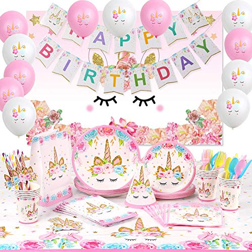 176 PCs Unicorn Party Supplies Birthday Decorations Paper Plates Cups Napkins Straws Reusable Cutlery Table Cloth Bags Hats Backdrop Banner Balloons Unicorn Party Decorations for Girls 16 Guests