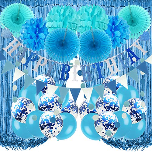 Recosis Birthday Party Decorations, Blue Party Decorations for Boy Men, Happy Birthday Banner, Curtains, Paper Pompoms and Fans, Garland, Confetti Balloons for Birthday Party Decorations