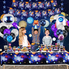 Load image into Gallery viewer, 226 PCS Outer Space Party Supplies - Solar System Planet Balloon, Happy Birthday Banner, Hanging Swirls, Cake Topper, Plates, Napkins, Cup, Tablecloth for Boy Kid Party Decorations, Serves 20 Guest
