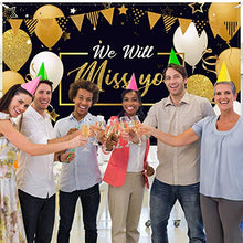 Load image into Gallery viewer, We Will Miss You Party Decorations, Extra Large Black Gold Going Away Party Backdrop Miss You Photography Background Banner for Farewell Anniversary Retirement Graduation Party, 72.8 x 43.3 Inch
