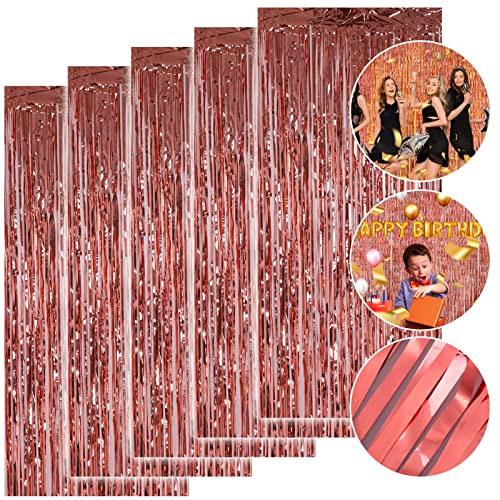 Hejo 5 Pack Rose Gold Foil Curtain, 3.3ft x 6.6ft Metallic Tinsel Curtains, Glitter Curtain Backdrop for Wedding, Party, Birthday, Christmas, Halloween, Bachelorette, New Year Decor
