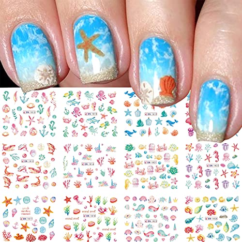 Firot Summer Ocean Nail Stickers Nail Art Water Transfer Decals Summer Nail Art Supplies Ocean Design Sticker Acrylic Nails Mixed Shapes Nail Ocean Shell Starfish Sea Animals 12 Sheets