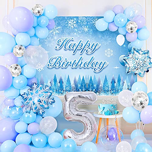 5th Frozen Birthday Decoration Girls,Frozen Balloon Garland Arch Kit with Background Poster,Birthday Cake Topper,White Blue Purple Confetti Foil Balloons,Snowflake Balloons for Princess Party