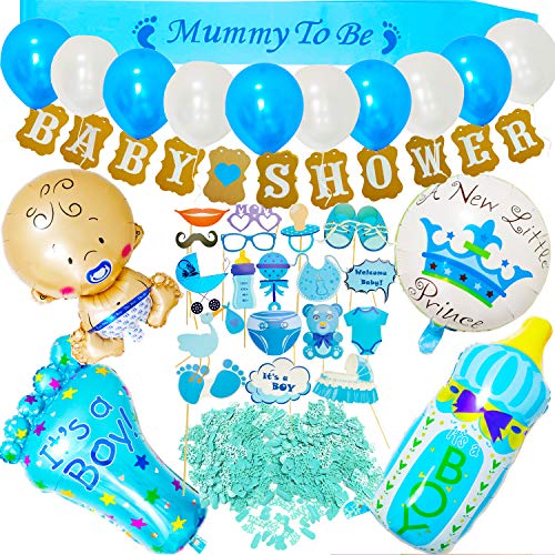 58pcs Boy Baby Shower Decorations Boy Baby Shower Balloons Decorations Set Include Mummy to Be Sash, Baby Shower Photo Booth Props Balloons Banners Confetti for Baby Shower Favor (Blue)